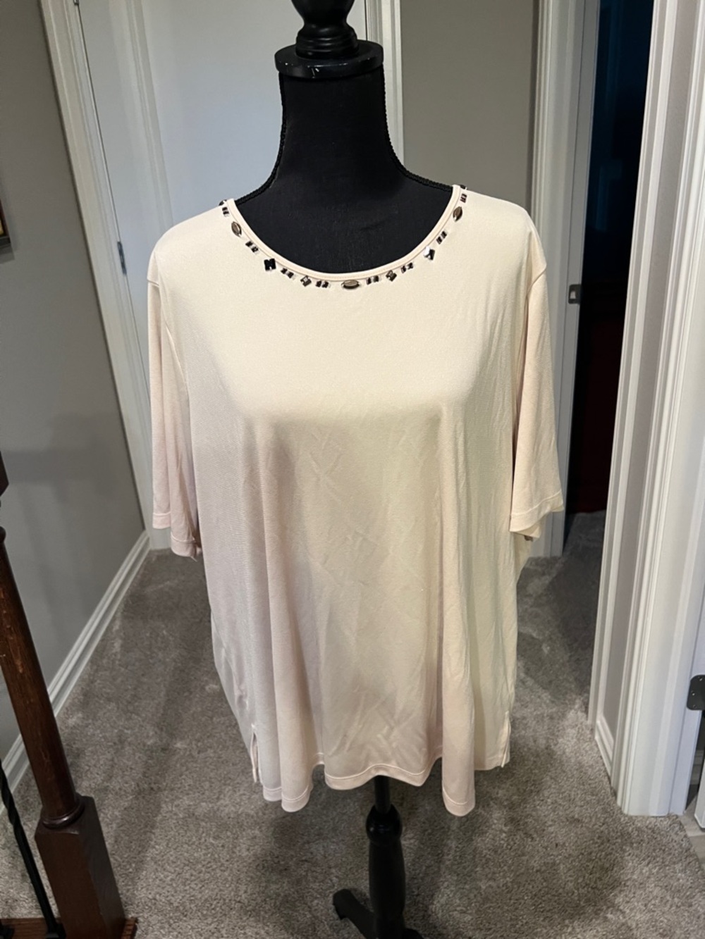 TanJay Light Cream Short Sleeve Tee with Beaded Neckline 2X